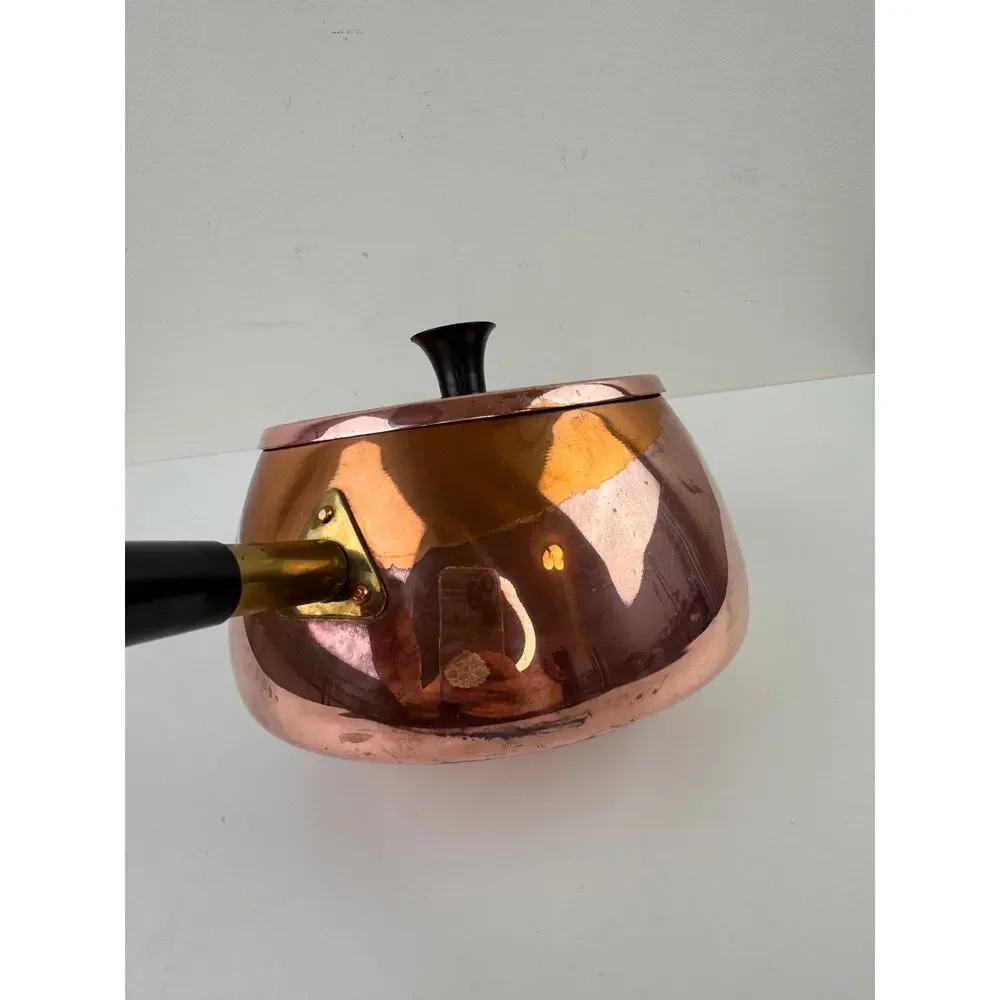 Vintage MCM Solid Copper Pot Rose Gold Metal Wooden Handle Lid Made In Portugal